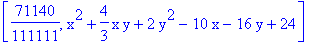 [71140/111111, x^2+4/3*x*y+2*y^2-10*x-16*y+24]